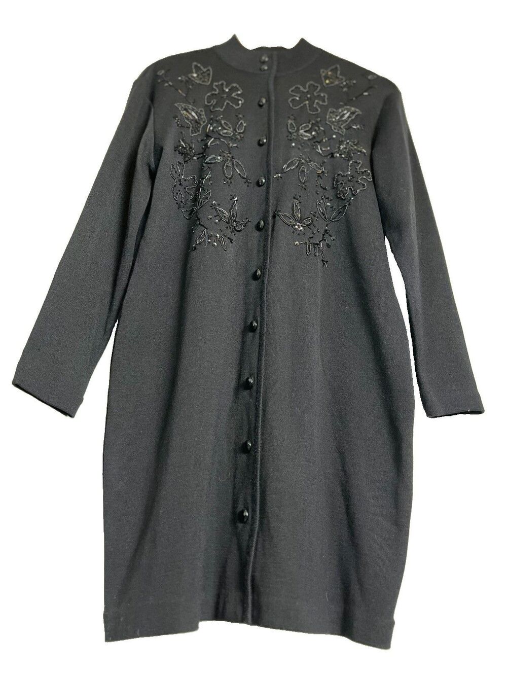 Vtg Liz Claiborne Beaded Sweater Dress L Petite Black Wool Blend Cardigan Midi